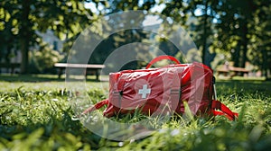 Red first aid kit on grass outdoors.