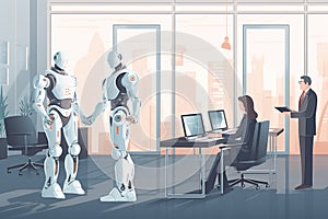 Ai Generative Robot and businesswoman in office. Artificial intelligence concept.