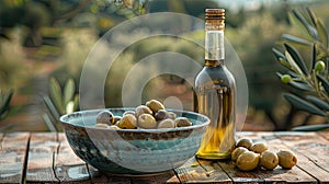 Rustic bowl of olives with a bottle of olive oil on a wooden table outdoors.
