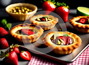 Ai Generative Set of Strawberry Custard Tartlets and Cakes, Perfect for Dessert Lovers