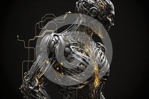 AI GENERATIVE, side view of android with microchips and wires covered with metal details on black background