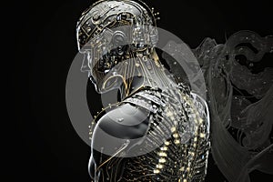 AI GENERATIVE, side view of android with microchips and wires covered with metal details on black background