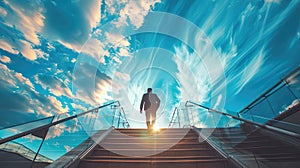 Silhouette of a man ascending stairs towards the sun and clouds.