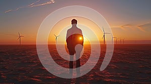 Silhouette of a man before wind turbines at sunset.