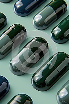Sleek capsules in shades of green and blue on a pale teal backdrop, pharmaceutical concept.