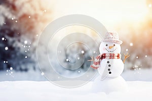 Ai generative. Snowman in winter secenery with copy space