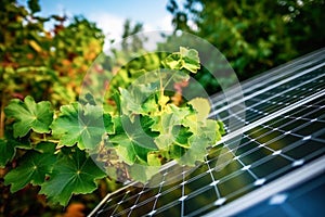 Ai generative. A solar panel on the roof of a house surrounded by green leaves