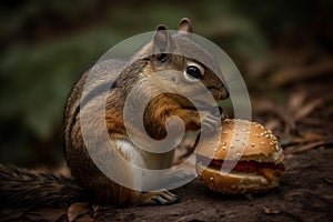 Ai Generative Squirrel eating a hamburger in the forest. Close-up