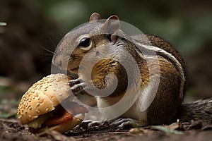 Ai Generative Squirrel eating a hamburger in the forest. Close-up