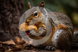 Ai Generative Squirrel eating a hamburger in the forest. Close-up