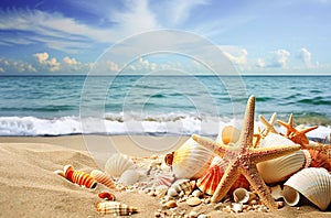 Ai generative. Summer beach with strafish and shells