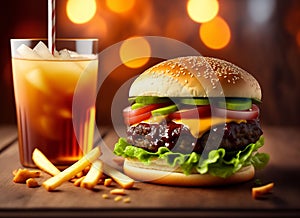 Ai Generative Tasty Fast Food Combo with Hamburger, Fries, and Cola on a Rustic Wooden Background