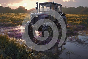 Ai Generative Tractor in a flooded meadow with purple flowers at sunset