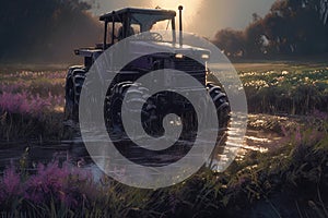 Ai Generative Tractor in a flooded meadow with purple flowers at sunset