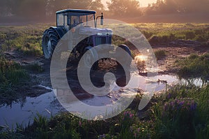 Ai Generative Tractor in a flooded meadow with purple flowers at sunset