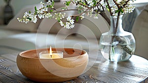 A tranquil setting with a lit candle and fresh spring branches.