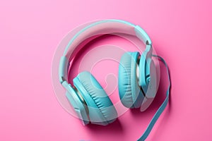 Ai Generative Turquoise headphones on a pink background. Minimal style