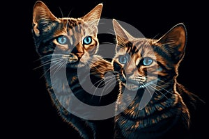 Ai Generative Two cats with blue eyes on a black background. Digital painting