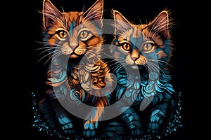 Ai Generative Two cats with brown eyes on a black background. Digital painting