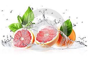 Ai generative. Water splash on grapefruits on white