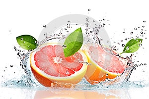 Ai generative. Water splash on grapefruits on white
