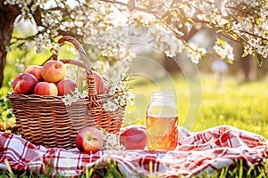 Ai generative. Wicker picnic basket with apples, jar with juice on red checkered table cloth