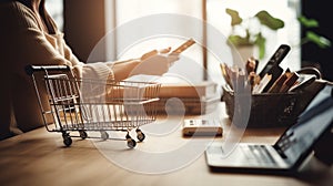Ai Generative Woman using smart phone and shopping cart in the store. Online shopping concept