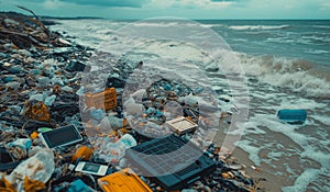 AI generator image of beach littered with garbage and e-waste