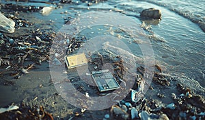 AI generator image of beach littered with garbage and e-waste