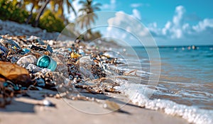 AI generator image of beach littered with garbage and e-waste.