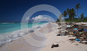AI generator image of beach littered with garbage and e-waste.