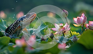 AI generator image of a captivating image depicting the moment when a Snakehead fish Stick head out of the water.,fish snapping bi photo