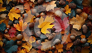 AI generator image of colorful array of fall leaves, acorns, and pinecones