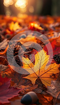 AI generator image of colorful array of fall leaves, acorns, and pinecones