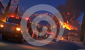 AI generator image of Firefighters working to extinguish a house fire, public places
