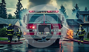 AI generator image of Firefighters working to extinguish a house fire, public places