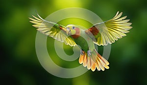 AI generator image of Flying , Red-breasted Parakeet (Psittacula alexandri) is a parrot native to Southeast Asia. photo