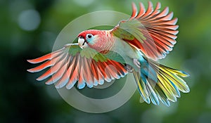 AI generator image of Flying , Red-breasted Parakeet (Psittacula alexandri) is a parrot native to Southeast Asia. photo