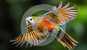AI generator image of Flying , Red-breasted Parakeet (Psittacula alexandri) is a parrot native to Southeast Asia. photo