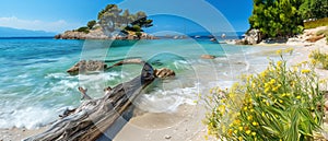 AI generator image of Old decaying tree stumps are being washed by waves on the beach