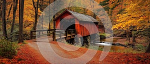 AI generator image of quaint covered bridge in the fall