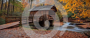 AI generator image of quaint covered bridge in the fall