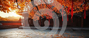 AI generator image of red tree with yellow leaves photo