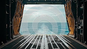 AI generator image of A view from inside the open cabin of a transport plane, showing another plane in close range. photo