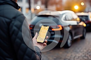 AI-guided app on smartphone, navigating user to open city parking. Smart, efficient urban living