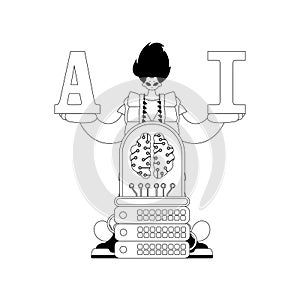 AI guy and server illustrated in vector style with an AI theme