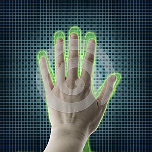 AI hand reaches towards a human hand, Virtual reality projection, Artificial intelligence AI and High Tech Concept. Human and co