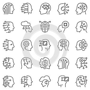 AI Head outline icons set - Concept Head with Circuits line vector symbols