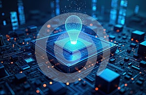 AI High-Tech Quantum Computer with Digital Holographic Data Processing. AI-driven computing marketing, cybersecurity branding