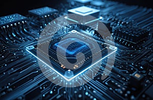 AI High-Tech Quantum Computer with Digital Holographic Data Processing. AI-driven computing marketing, cybersecurity branding